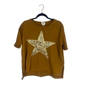 Fantastic Fawn Sequin Star Tee L Mustard Yellow Boutique Oversized